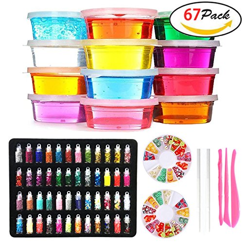 DIY Fluffy Slime Kit – 12 Colors Crystal Slime with 48 Bottles Glitter Powder for Girls Boys Toys, 2 Fruit Slices and Tools Set for Kids Art Craft，Stress Relief Squeeze Toy for Aged 6+