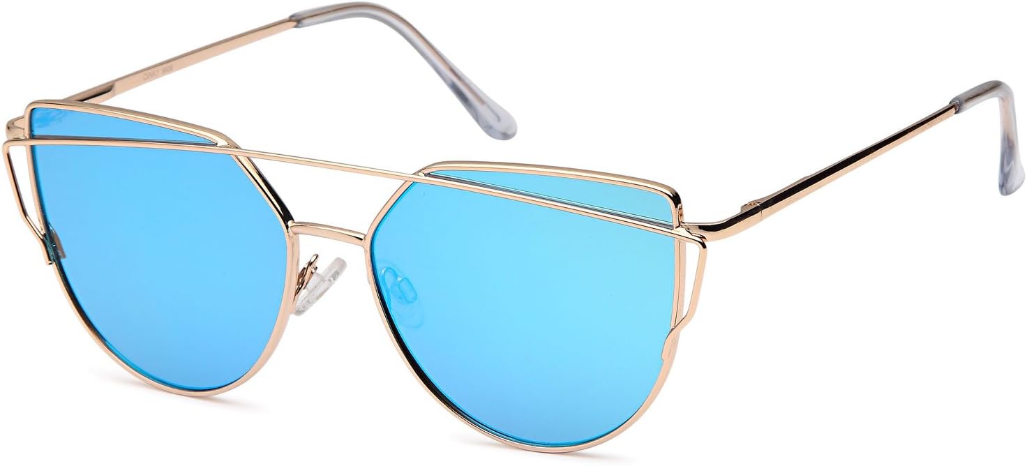 QINKY Womens Cateye Aviator Metal Frame Cross Bar Sunglasses with Mirror Flash Flat Lens - Choose Your Variation