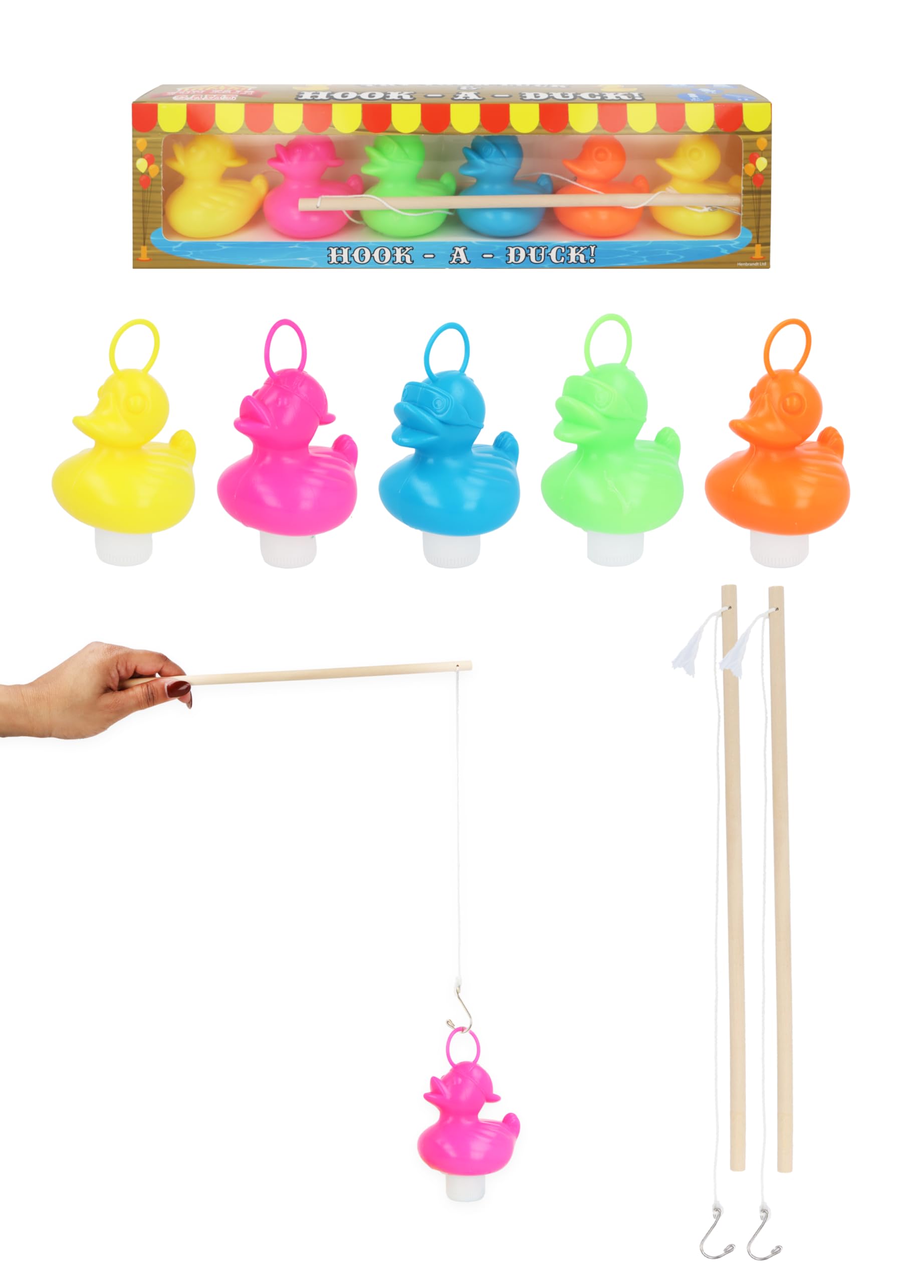 Henbrandt 1 x Weighted Hook-a-Duck Game Set with 6 Colourful Ducks and 2 Wooden Fishing Sticks - Perfect for Parties, Paddling Pools, Bathtime and Garden Games for Children