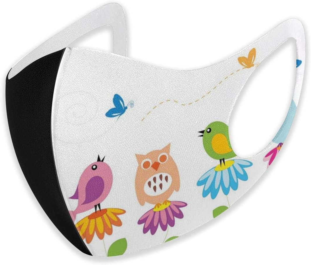 Comfortable Windproof Mask,Colorful Cartoon Style Birds On Chamomile Daisy Flowers Butterflies Ladybugs Kids,Facial Decorations for Unisex,M