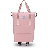 KEQIKAI Rolling Duffle Bag with Wheels, Expandable Travel Duffel Bag with Detachable Spinner Wheels & Wet Pocket, Large Waterproof Travel Tote Bags Carry On Overnight Bag Hospital Bag Pink