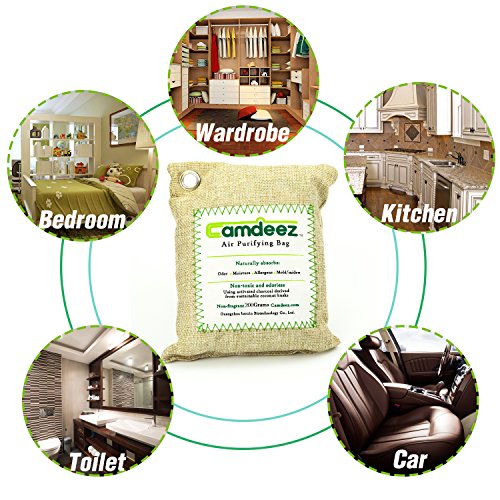 4 Pack Camdeez Natural Air Purifying Bags, Gym Bag & Shoe Deodorizer, Activated Bamboo Charcoal Purifying Bag, Air Freshener, Odor Eliminator, Odor Absorber for Car Pet Litter Fridge Closet 200g x 4 P