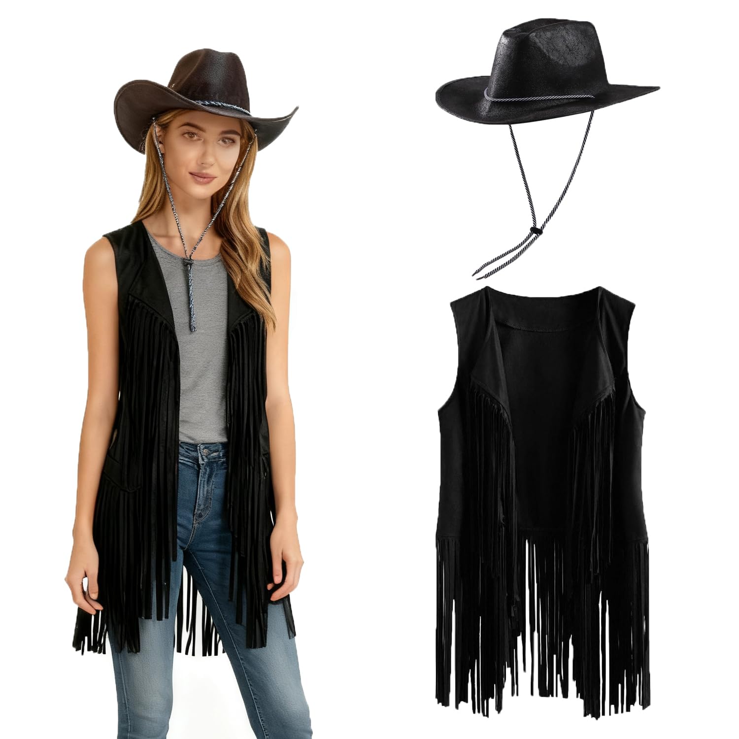 ITODA Western Cowgirl Costume Women Vintage Disco Fringe Vest Cowgirl Hat Faux Suede Sleeveless Waistcoat Cosplay Hippie Costume 60s 70s Fancy Dress Set for Halloween Carnival Party(Vest+Hat)