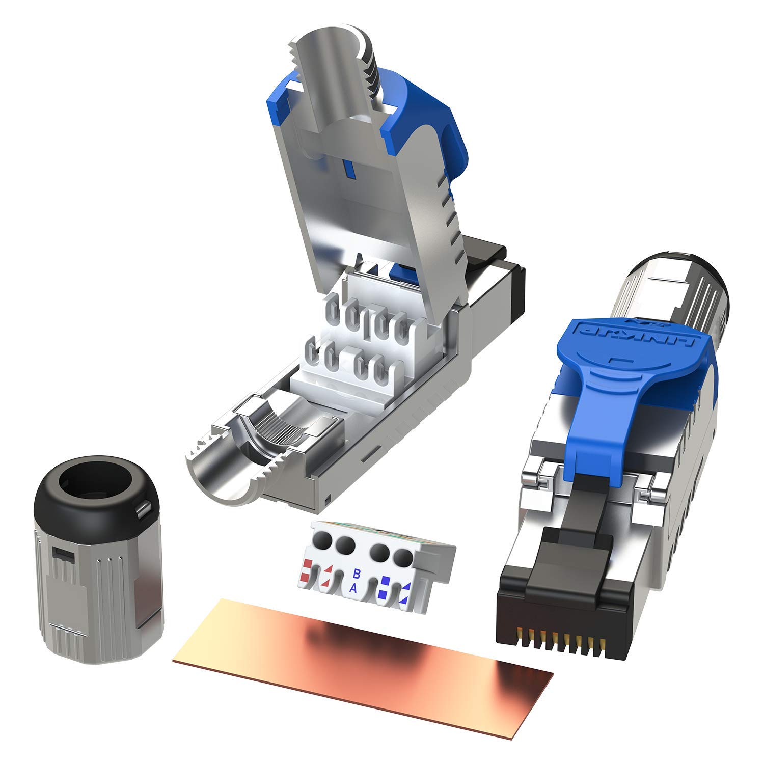 LINKUP - RJ45 Connectors Cat6A (12 Pack) Shielded Metal Die-Cast Field Modular Termination Plug | 10G Easy Internet Tool Free Plugs | For Cat6A up to 22AWG Solid Bulk S/FTP Ethernet Cable [Blue]