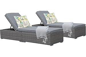 Patiorama Outdoor Patio Chaise Lounge Chair, Elegant Reclining Adjustable Pool Rattan Chaise Lounge Chair with Cushion, Grey PE Wicker, Steel Frame,Light Grey, Set of 2