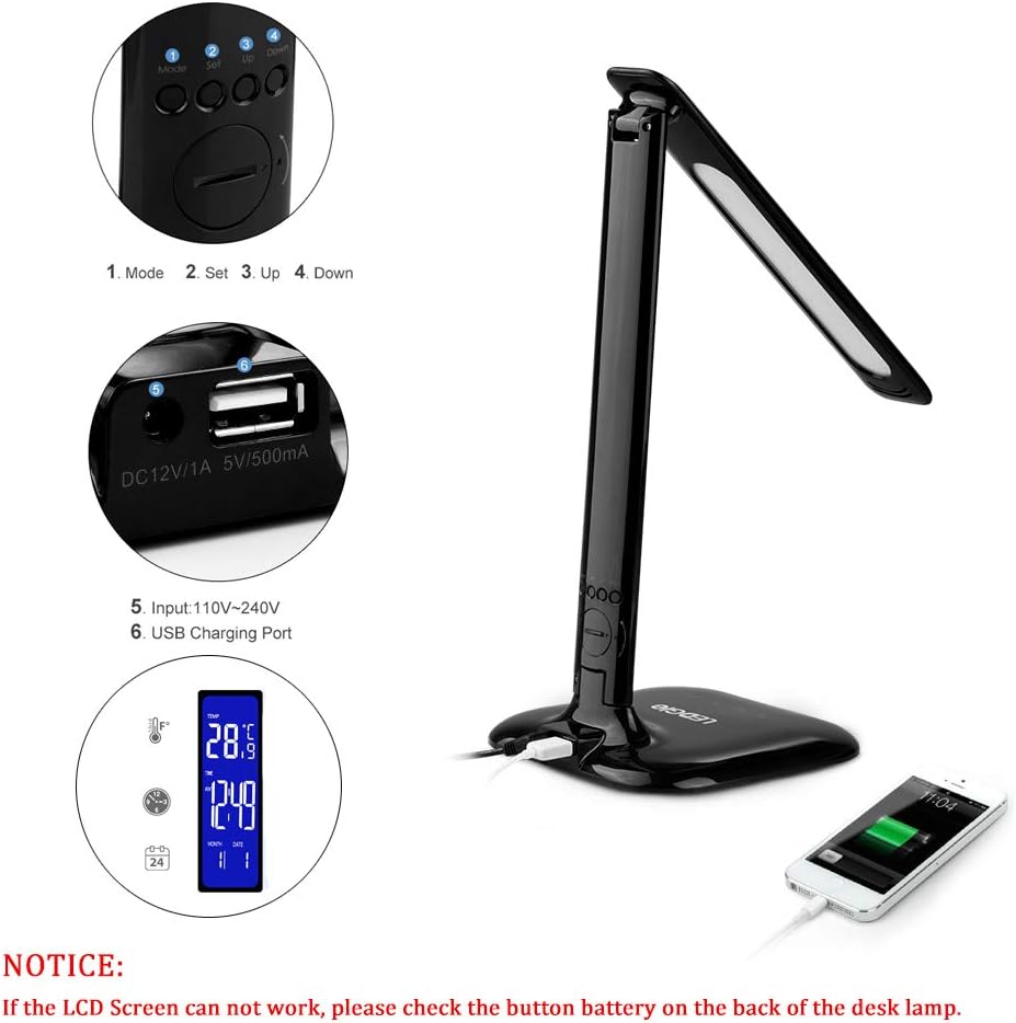 Ledgle Table Lamp 8w Led Desk Lamp Lcd Screen 5v 1a Usb Charging Port 3 Lighting Mode 5 Level Dimmer Touch Control Built In Clock Calendar Thermometer Glorry Black Office Products Desk Lamps