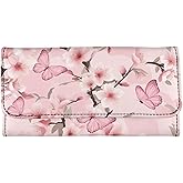 Binienty Pink Butterfly Leather Wallet for Women Cherry Blossom Custom Blocking Wallets Trifold Leather Purses, Luxury Clutch Wallet