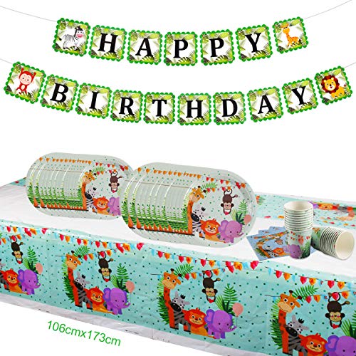Safari Animal Birthday Party Supplies - Serves 16 - Plates, Napkins, Cups Tableware Kit, One Animal Print Tablecloth, Birthday Banner for Birthday Parties, Jungle Theme Party Supplies by QIFU - Thumbnail 6