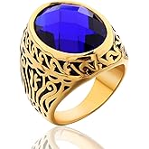 MASOP Jewellery Vintage Mens Stainless Steel CZ Ring Gold Biker Celtic Band Blue Round Stone