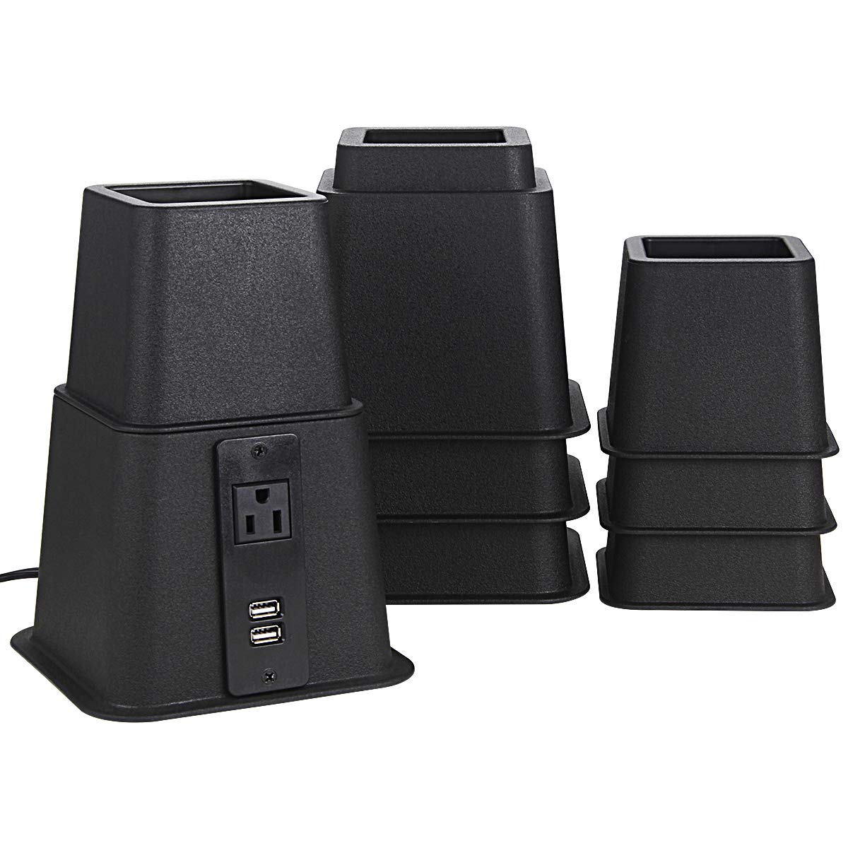 Photo 1 of Butizone Bed Risers with Power Outlet and USB Ports, Adjustable Heavy Duty Furniture Riser Lifts in Heights of 3, 5 or 8 Inches for Sofa and Table, Supports up to 1,500 lbs Set of 4, Black