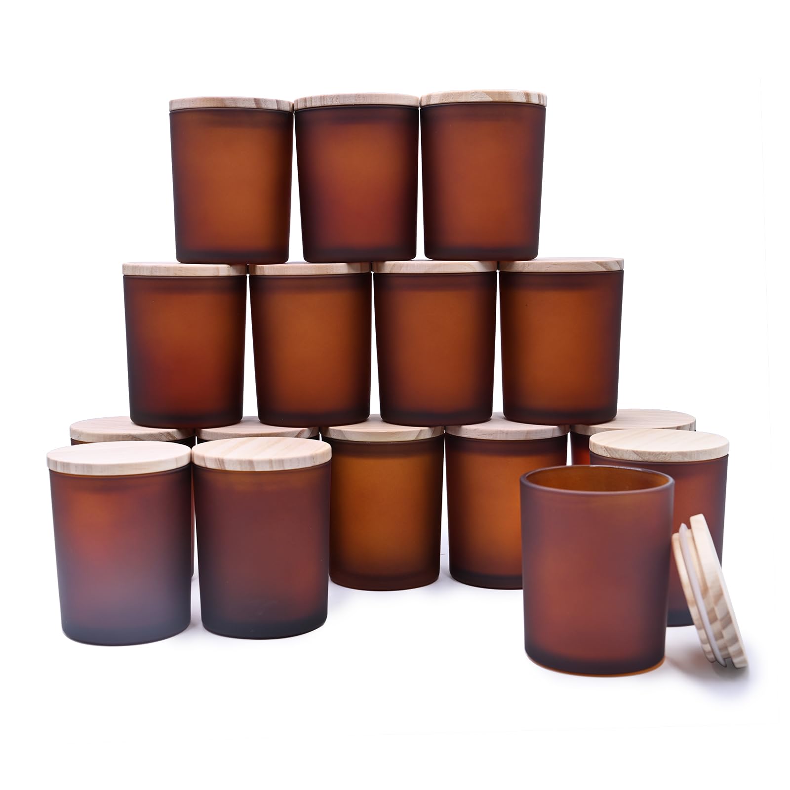 Photo 1 of SHOWIN Thick Candle Jars for Making Candles 16 Pcs, 7 OZ Empty Jars with Wood Lids for Candle Making, Sample Container, Frosted Brown