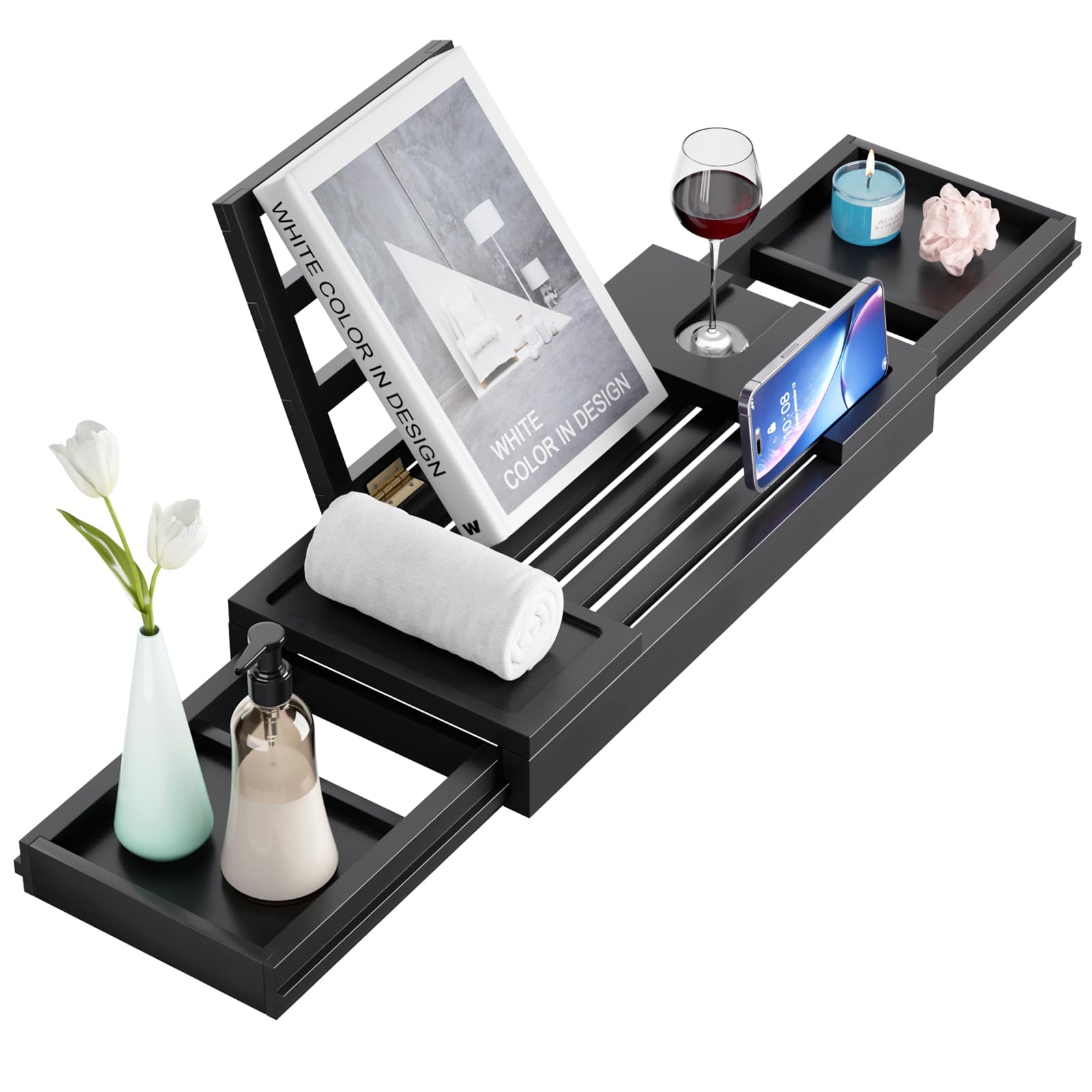 Yirilan Premium Bath Tray, Expandable Bathtub Tray Caddy, Bamboo Bath Shelf with iPad & Phone Holder, New Home, Anniversary and Wedding Gifts, Bridal Shower Gift for Women-Black