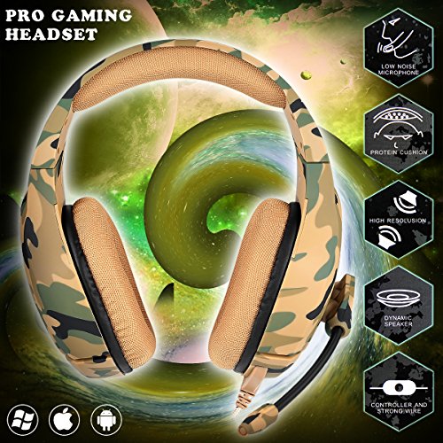 Gaming Headset - Onikuma K1-B 3.5mm Over-Ear Stereo Gaming Headphones with Mic, Noise Reduction,Volume Control, Soft Memory Earmuffs for Xbox One/PS4/CF/Laptop/Smartphone(Camo Green)