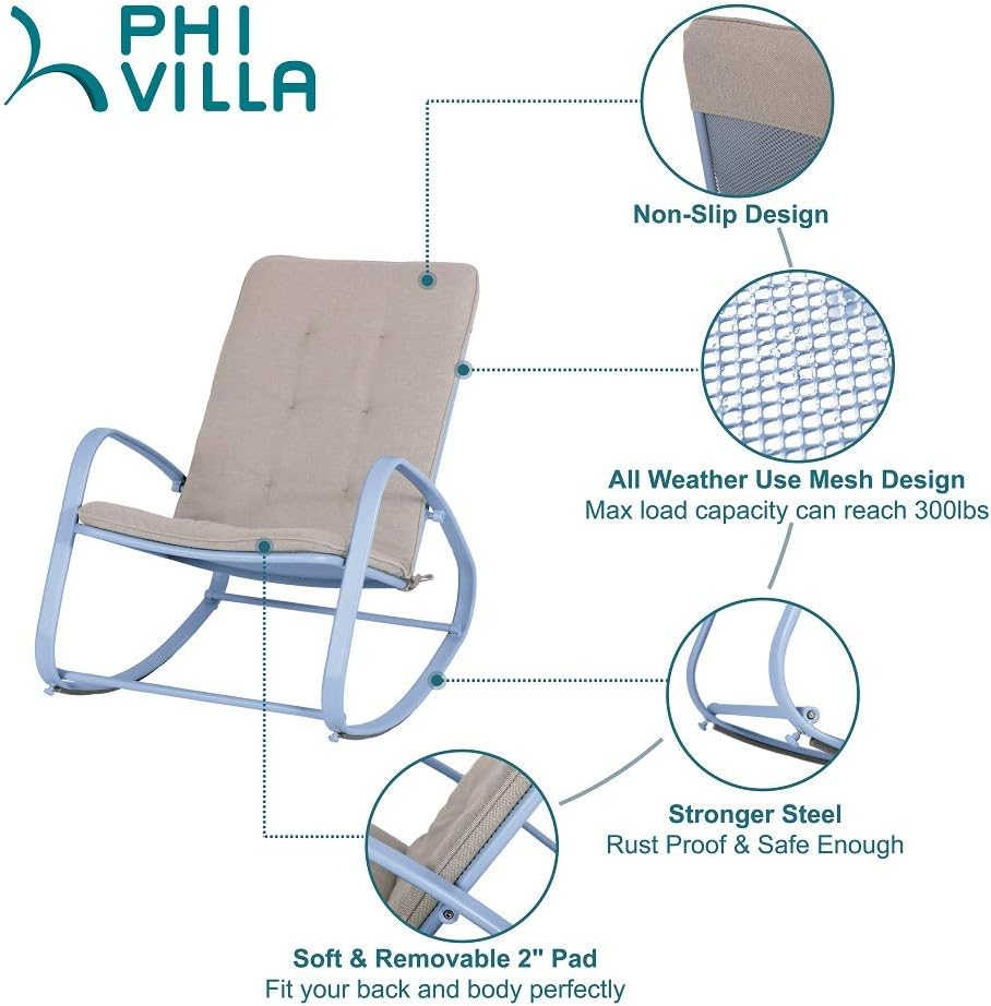 PHI VILLA Outdoor Patio Metal Rocking Chair, Padded Modern Rocker Chairs with Cushion, Support 300lbs for Porch, Deck, Balcony or Indoor Use (1 Pack, Blue): Furniture & Decor
