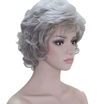 COPLY Women Soft Thick Wavy Layered Grey/Gray Full Synthetic Wig Short Curly Wigs for