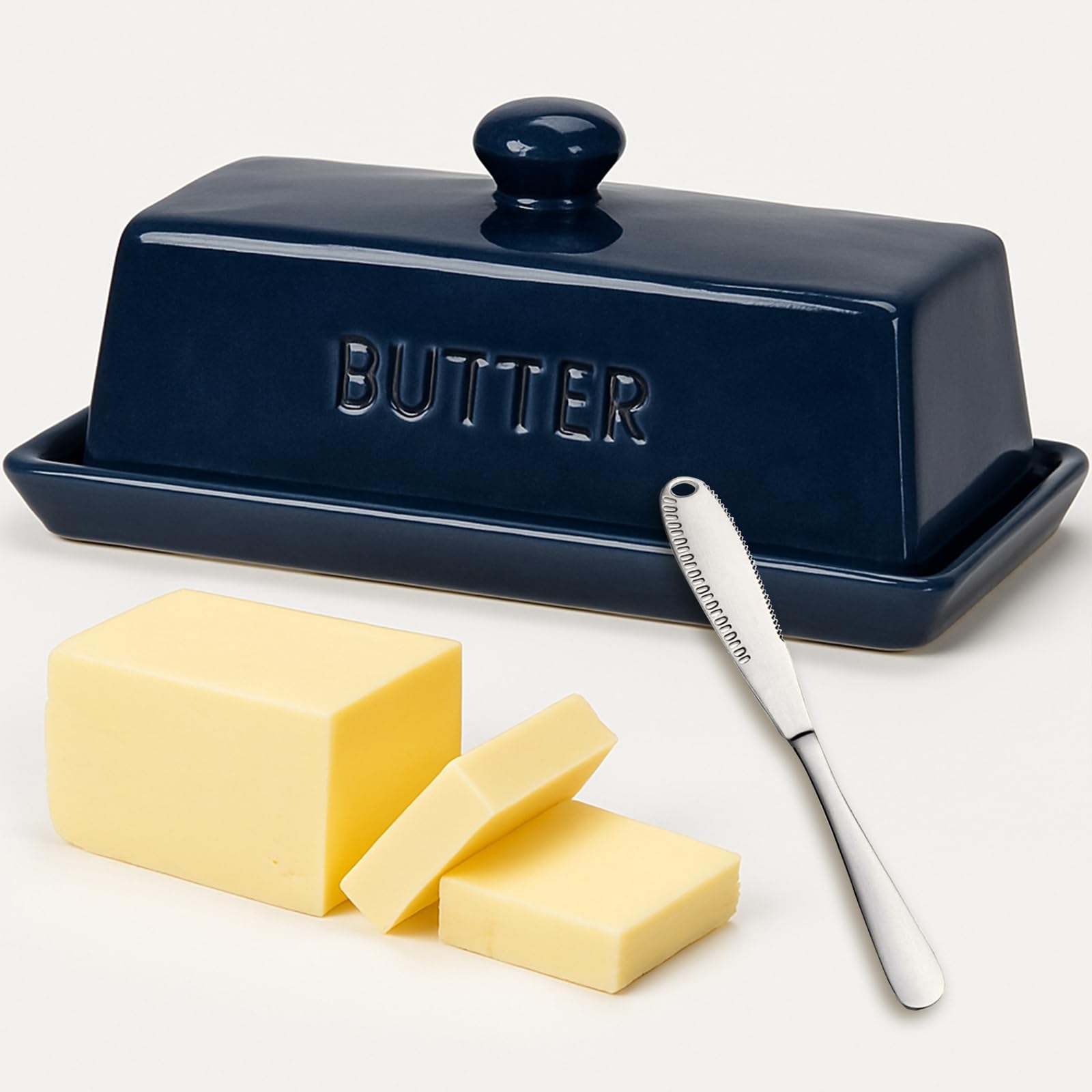 Photo 1 of Butter Dish With Lid, WERTIOO Porcelain Butter Keeper With Handle Cover French Butter Dish with Stainless Steel 3 in 1 Butter Spreader Container for Countertop, Dark Blue