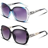 HGIOOIGH Bifocal Reading Sunglasses for Women Oversized Square Sun Reader Sparkling Composite Shiny Sunglasses with readers