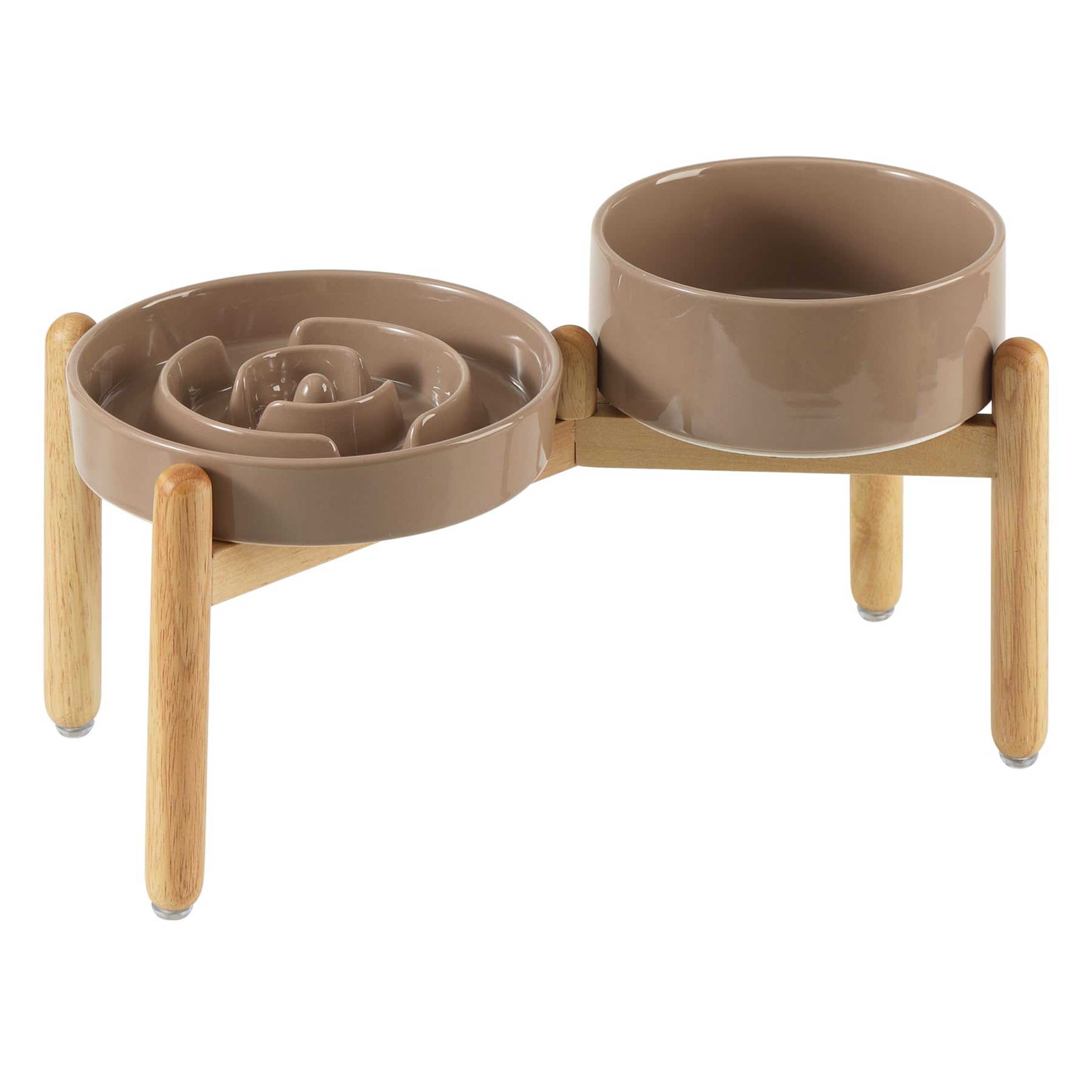 Photo 1 of Havniva Ceramic Raised Slow Feeder Dog Bowl Set, Elevated 7.3inch Bowl and 8.2inch Puzzle Slow Dish with Wooden Stand for Medium and Large Dog, Anti-Gulping (2X Brown Coffee+ Stand)