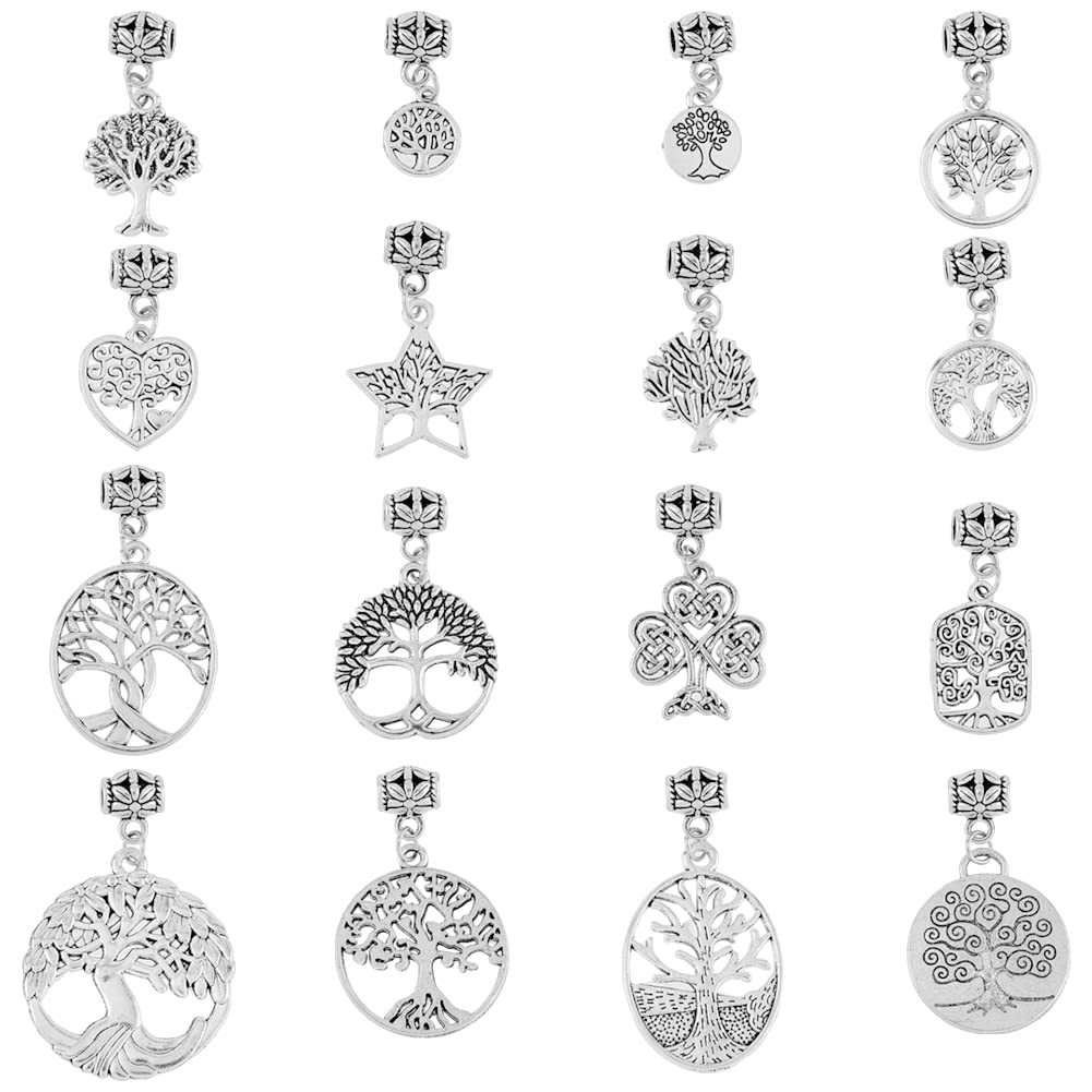 SUPERFINDINGS 32Pcs 16 Styles Tibetan European Dangle Charms Beads Alloy Tree of Life Charm Beads Antique Silver Dangle Spacer Beads Bails Connector for Jewelry Making, Hole:1.6mm