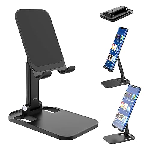 Phone Stand Phone Holder for Desk： Ajustable Angle Height Fully Foldable  Portable Cell Phone and iPad Tablet Mount with Large Stable Base Fit for