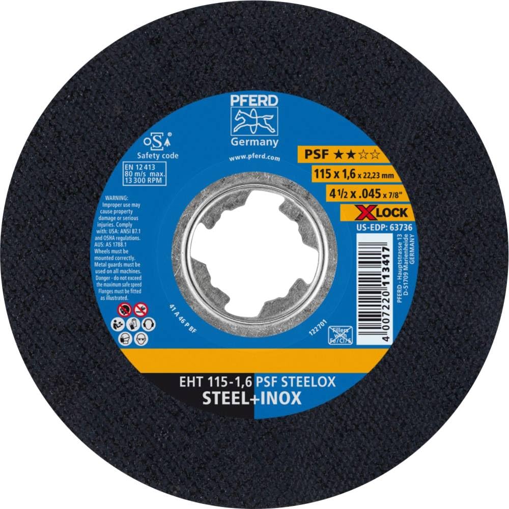 PFERD Cutting Disc, Pack of 25, 115 x 1.6 mm, Straight, X-Lock (22.23 mm), PSF Steelox, 61730124 - for Quick and Convenient Tool Changes