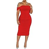 PINSV Women Ruched Off Shoulder Dress Bodycon Party Elegant Midi Dresses
