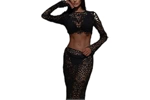 REASERAL Womens Lace 2 Piece Outfits Long Sleeves Round Neck Hollow Out Top Maxi Skirt Vacation Sets