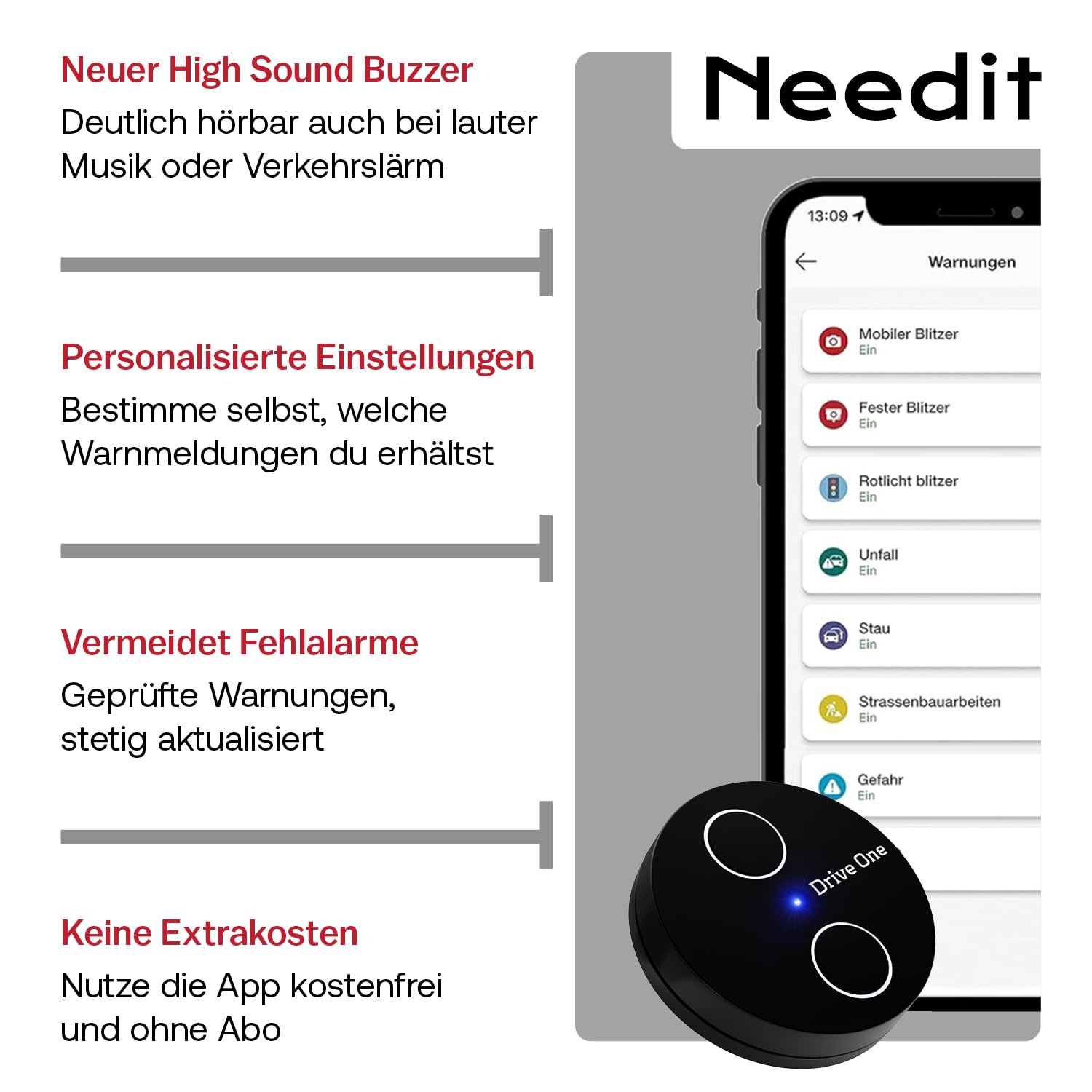 Needit Drive One 2 Verkehrswarner [Neues Modell 2026] I Warnt vor Kontrollen und Gefahren im Straßenverkehr I LED Anzeige automatisch aktiv I Daten von BlitzerApp 7