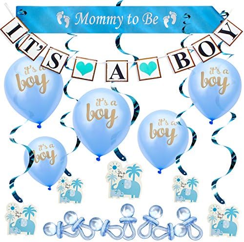 ARTIT Baby Shower Boy Blue Decoration Set All-in-1Perfect Party Bundle Kit Hottest Favors - Banner Balloons Mommy to Be Sash Elephant Swirls Large Acrylic Pacifiers