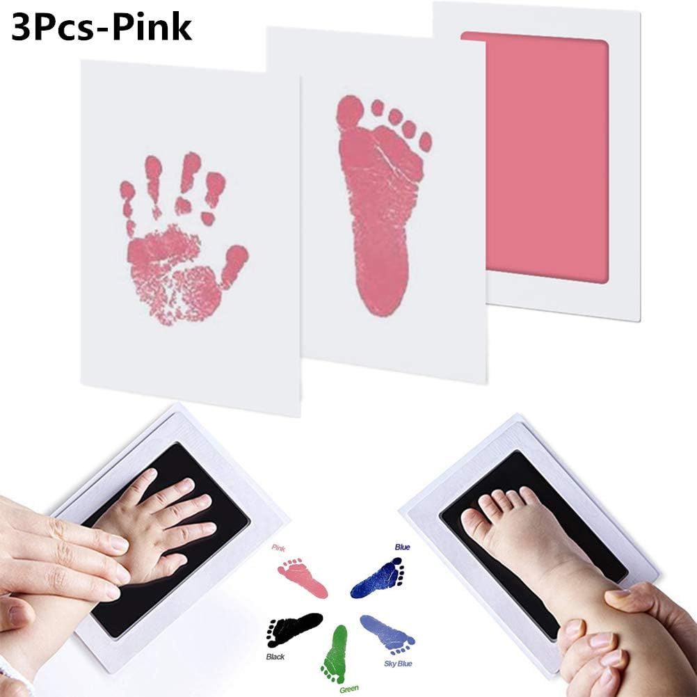 SUSHAFEN 3Pcs Baby Handprint&Footprint Ink Pads without Ink-Touch,3 Ink Pads+6 Imprint Cards Safe Non-Toxic Print Kit for Baby Shower Gift Keeping Baby Memory DIY Family Photoes-Pink