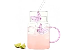 500ML Glass Cups with Lids and Straws, Butterfly Decoration Drinking Glasses Set for Iced Tea, Coffee, Juice, Smoothies (Pink