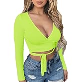 Artfish Women Sexy Deep V Neck Crop Top Bandage Wrap Tie Tight Cropped Fitted Cleavage Shirts