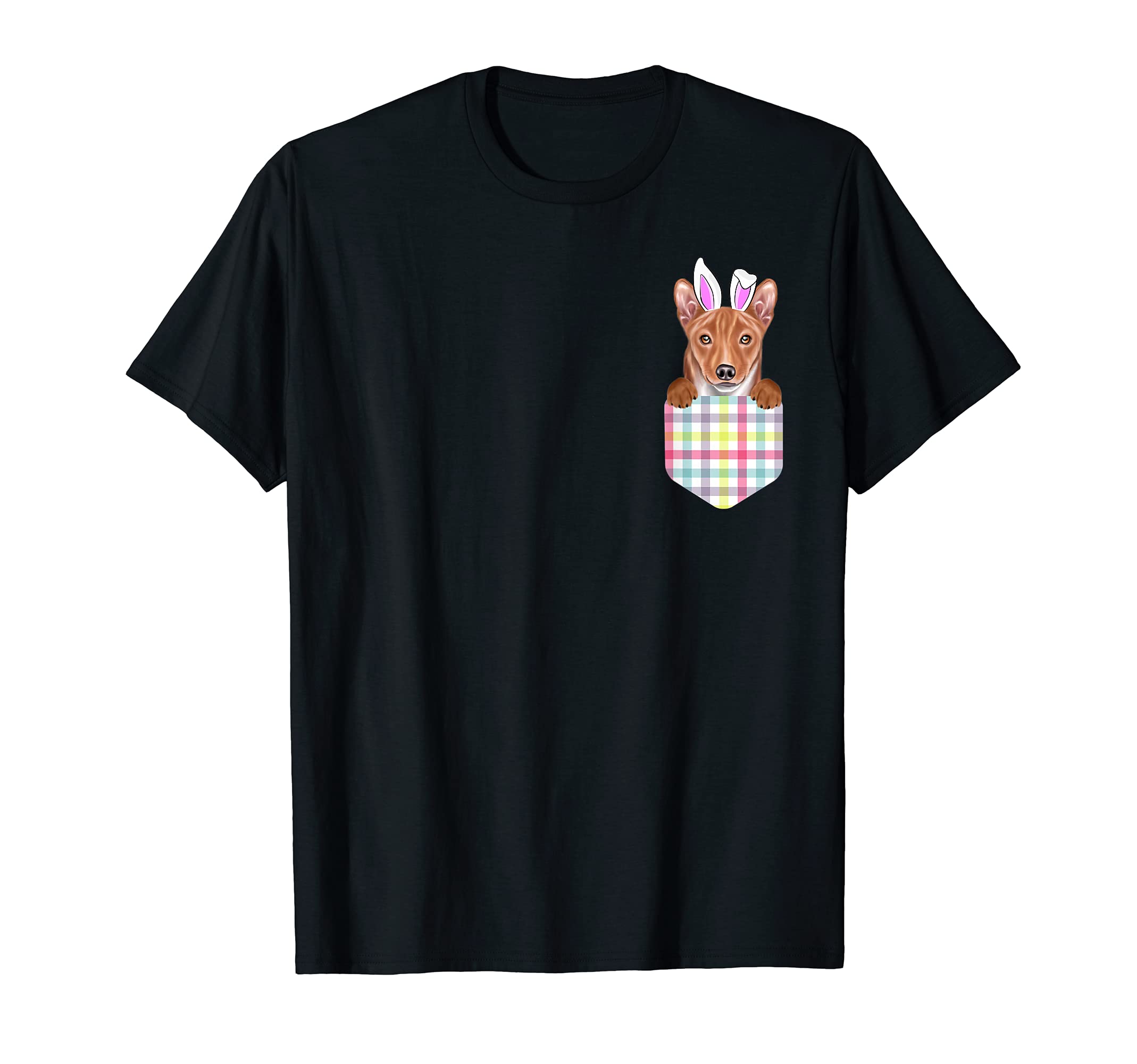 Easter Plaid Basenji Bunny Dog In Pocket T-Shirt