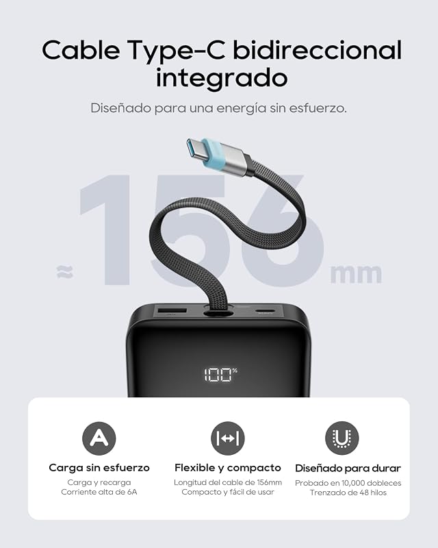 Power Bank 100W 25000mAh, carregador portátil com cabo USB-C integrado e carregamento rápido, bateria externa para MacBook Pro/Air, iPhone 17/16/15, Samsung, Pixel – aprovado para avião
