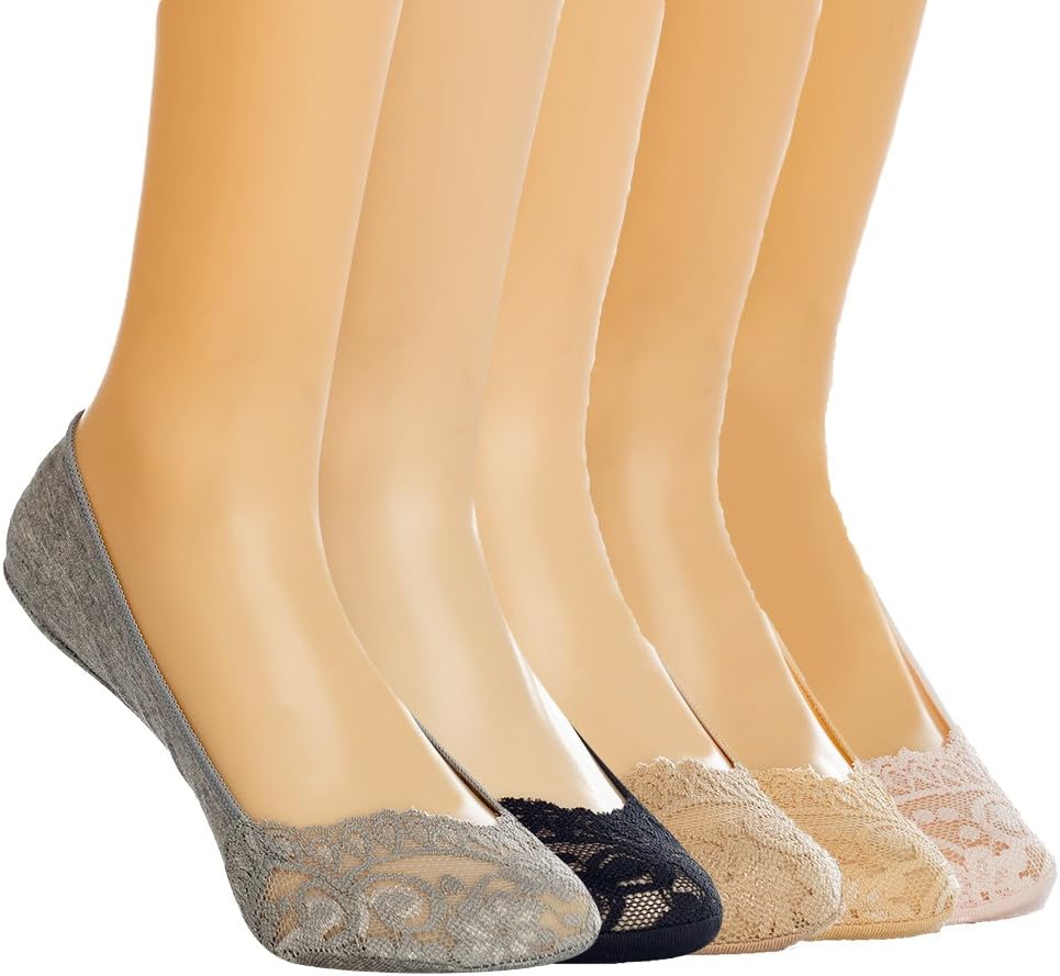 Lace No Show Liners Socks - 5 Pack Christmas Gift Package Women's Low Cut Non-skid Boat Socks