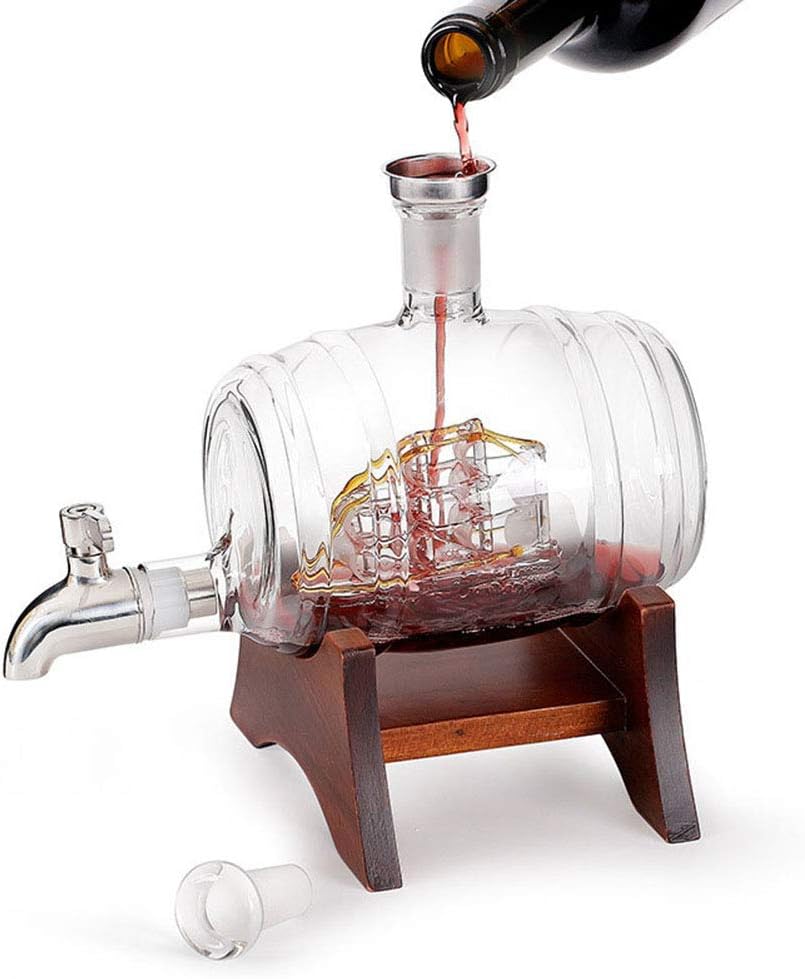 LNLJ 1000Ml Barrel Whiskey Decanter Set, with 2 Whiskey Glasses and 1 Funnel
