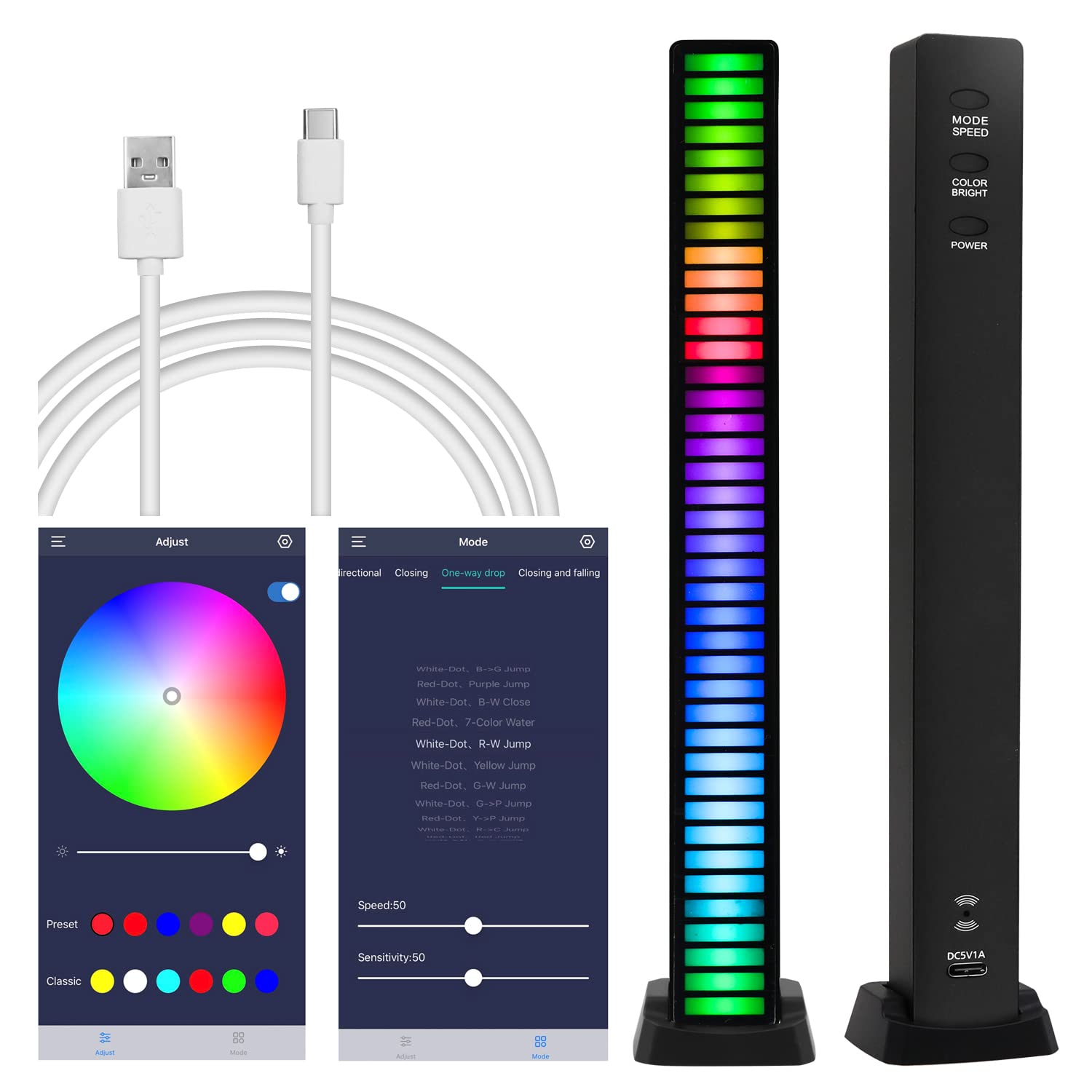 AURTEC RGB Music Rhythm Light, Voice Activated LED Atmosphere Light with App Control, for Gaming, Car, PC, TV, Party and More (One Piece, Black)