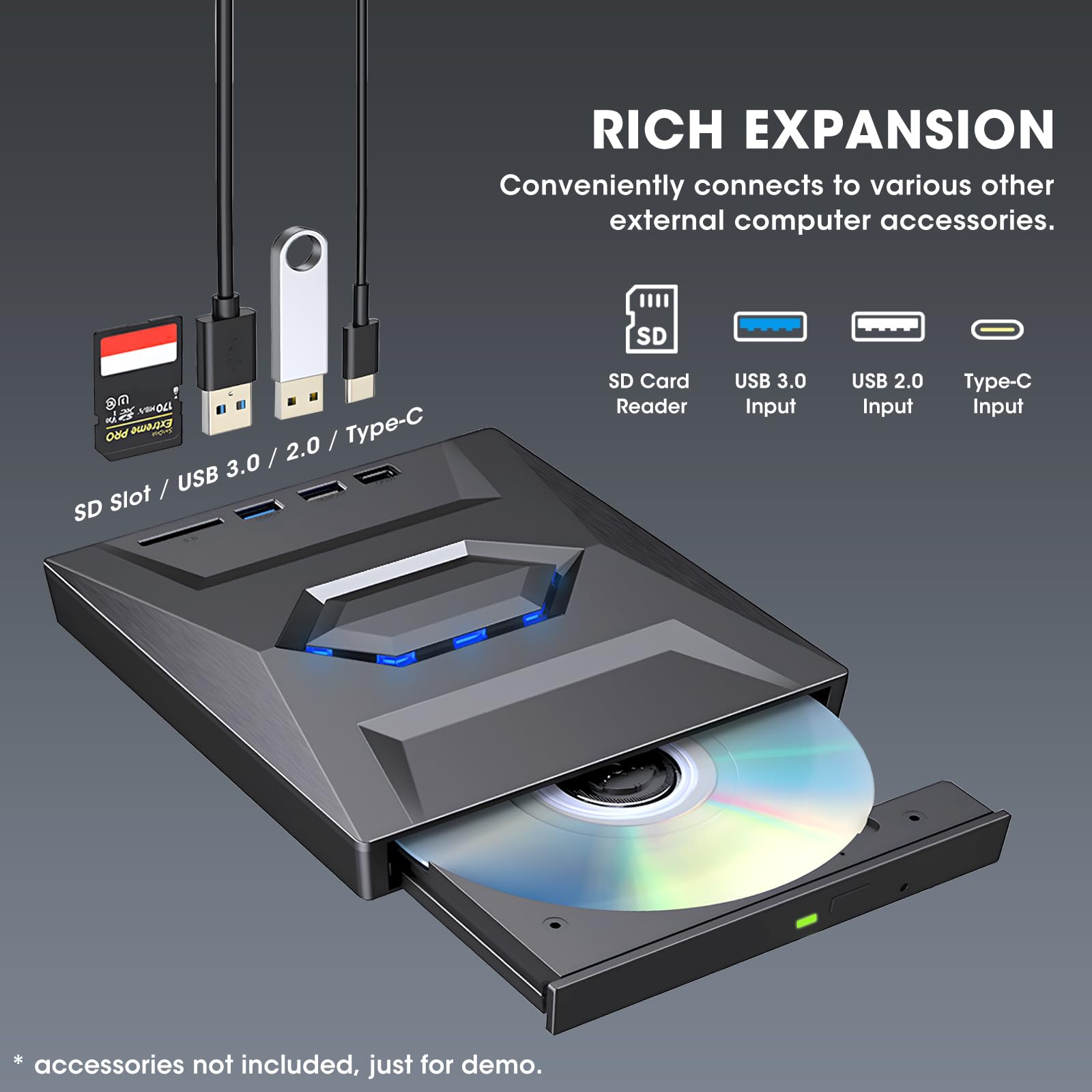 ROOFULL External CD DVD Drive with USB 3.0 Type-C Ports + SD Card Slot + Carrying Case for Laptop PC, CD DVD +/-RW Reader Writer Burner Player ROM Optical Disk Drive for Windows, Mac, Linux Computers