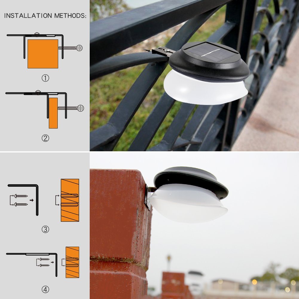 KASUN Solar Gutter Lights, Newest 9 LED Outdoor Fence Light Waterproof Wall Lamps for Garden Patio Driveway Deck Stairs - White Light, Pack of 6