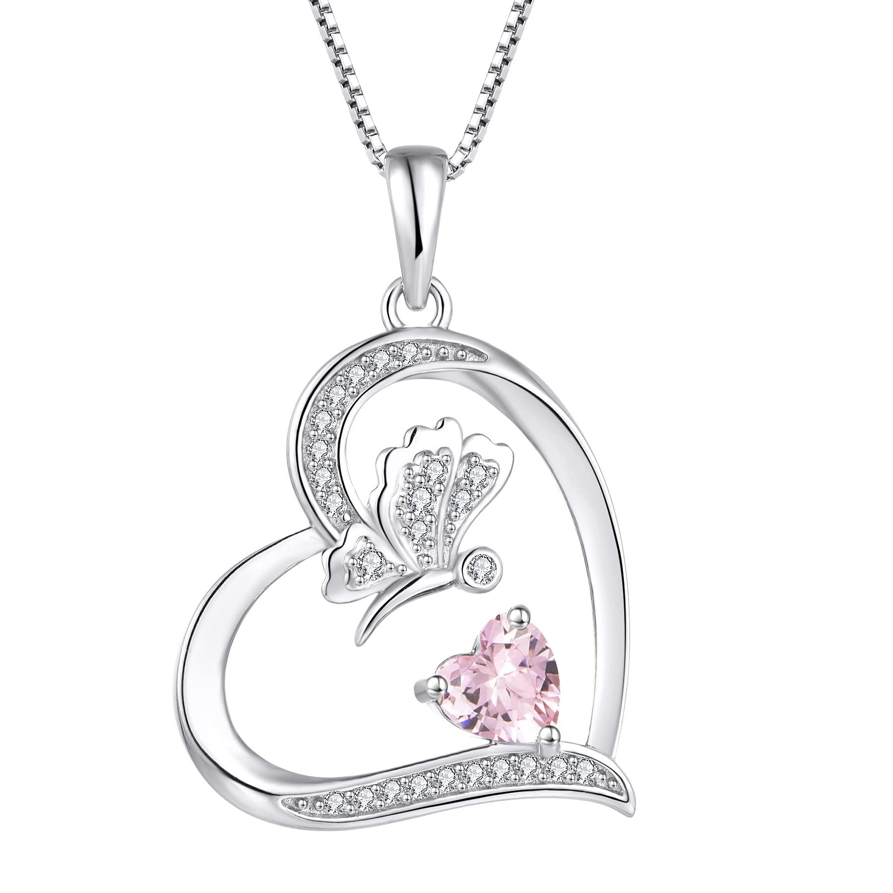 FJ Love Heart Butterfly Necklace 925 Sterling Silver Pink Tourmaline Necklace October Birthstone Pendant Jewellery for Women