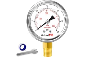 AetralYB 0-60 Psi Glycerin-Filled Pressure Gauge, 2-Inch Gauge, Stainless Steel, 1/4" NPT Lower Mount,400kPa Pressure Gauge for Pool Pump, Sand Filter, Air Compressor, and Well Water Systems