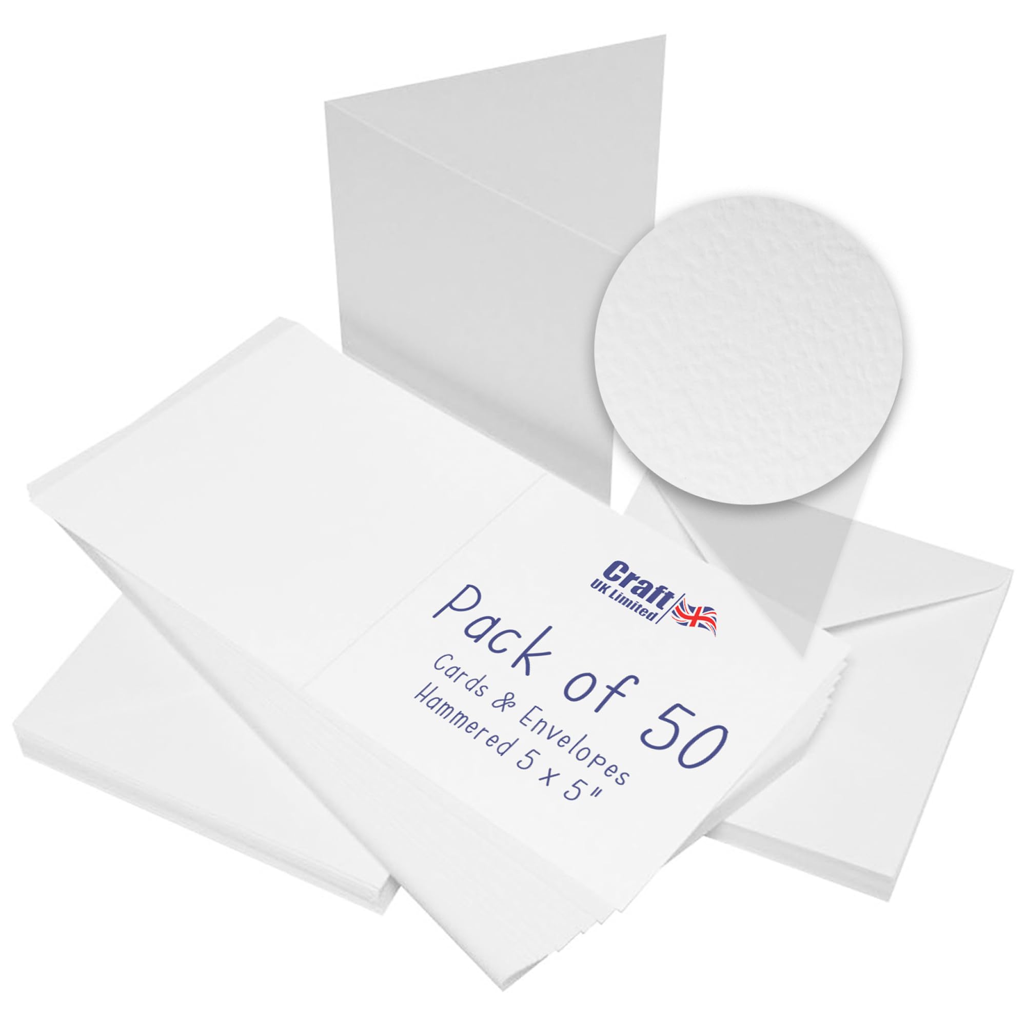 Craft UK, 50 Hammered Blank Cards and Envelopes for Card Making, Made in the UK, Lasting Quality, White, 5 x 5-Inch