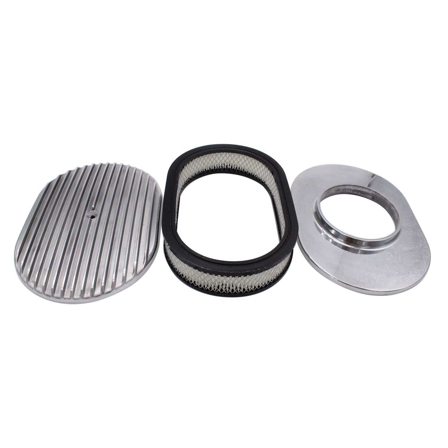 Photo 1 of 1 Set SHLPDFM Air Cleaner Polished Aluminum Silver 12"" Oval Full Finned Air Cleaner Assembly Fits for Chevy, Ford, & Mopar Hot Rod