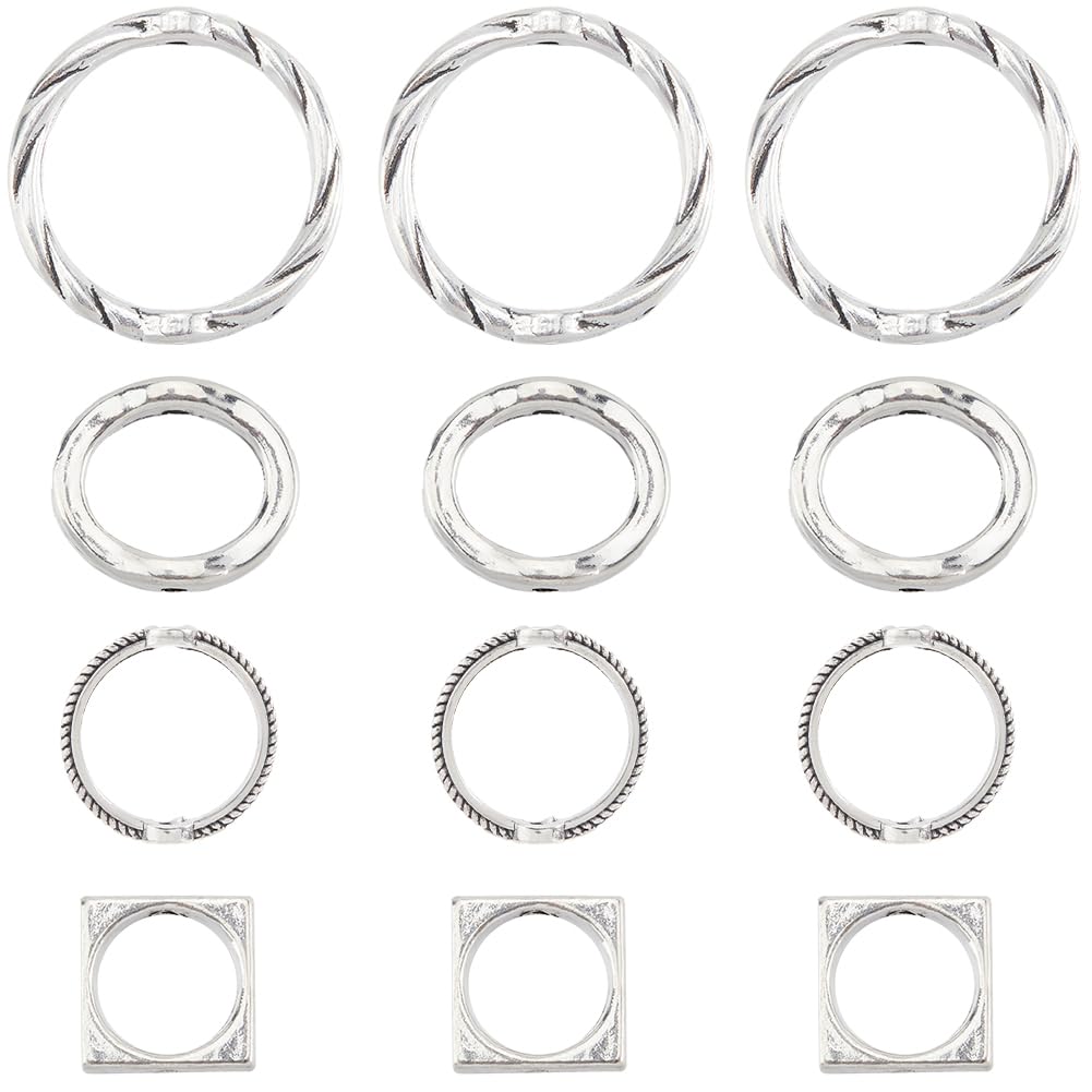SUNNYCLUE 1 Box 80Pcs 4 Styles Silver Bead Frames Alloy Bead Frame Bulk Metal Antique Hollow Round Ring Square Spacer Charm Beading Frames for Jewellery Making Bracelet Necklace DIY Crafts Supplies
