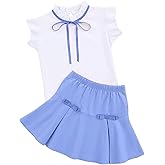 LIONJIE Girl's Skirt Sets 2 Piece Outfit Spring Summer Clothes Peter Pan Collar Tops Ruffle Mini Skirts with Bow 3-12Y