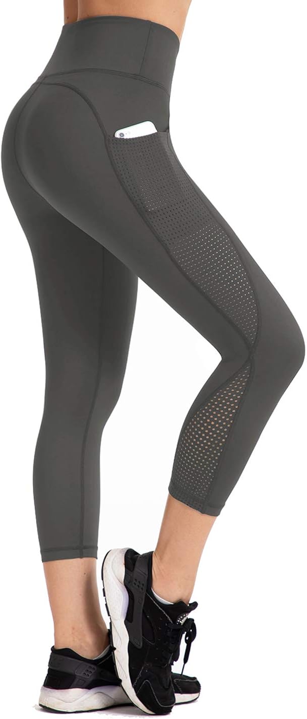 UURUN High Waist Yoga Pants Capri Workout Running Leggings with Pockets - Non-See-Through Fabric: Clothing