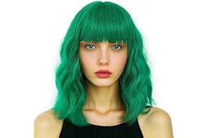 Green Wig for Woman with Bang, Green Bob Wig Wavy Curly Shoulder Length for Halloween Costumes St. Patricks Day Anime Cosplay
