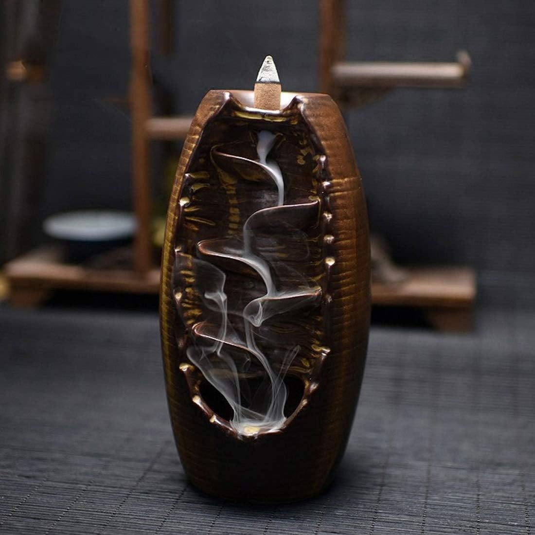 Ceramic Incense Burner, Backflow Incense Holder Backflow Incense Burner Incense Cones Burner Incense Stick Holder Home Decoration Handicraft Gift with 10 Free Cones Jar Multi Layers (Brown)