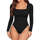 TRENLIVER Womens Long Sleeve Body Suits Square Neck Thong Bodysuit Slim Shirts Sexy Fall Going Out Tops Y2K 2025