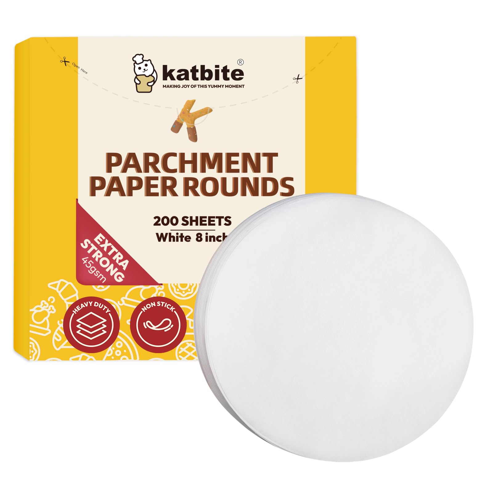 Katbite 200pcs 8 Inch Baking Paper, Ultra-Strong Unbleached Parchment Paper Round, Non Stick Greaseproof Paper Sheets Suitable for Baking,Cooking,Air Fryer
